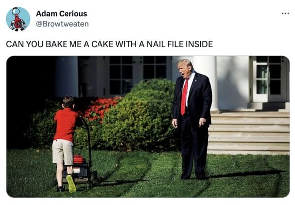 trump indictment memes - bake me a cake with a nail file in it trump yelling meme