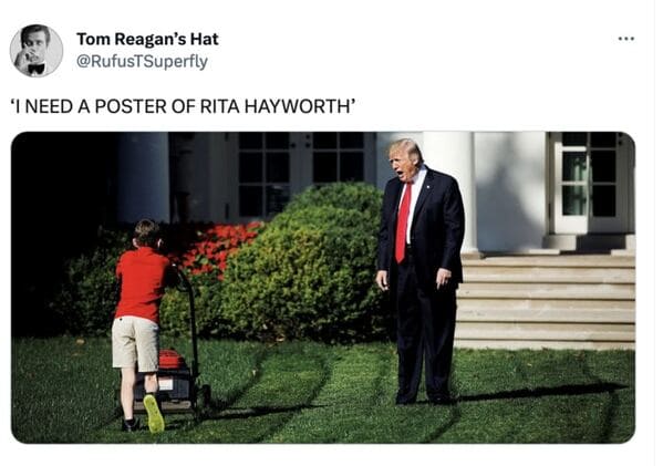 trump indictment memes - rita hayworth poster trump yelling meme