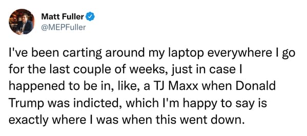 trump indictment memes - carting around laptop in case trump indicted while at tj maxx