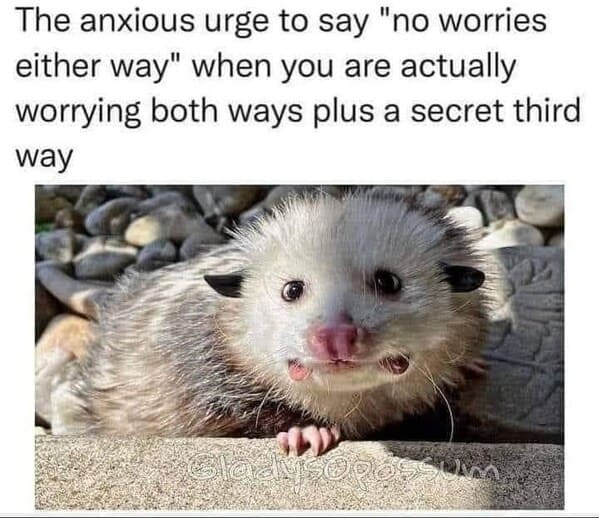 unhinged animal memes - urge say no worries either way are actually worrying both ways plus secret third way gladisopossum