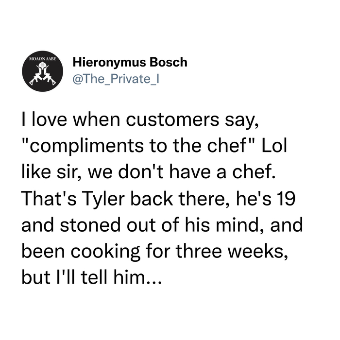 divertente tweet del server - complimenti allo chef
