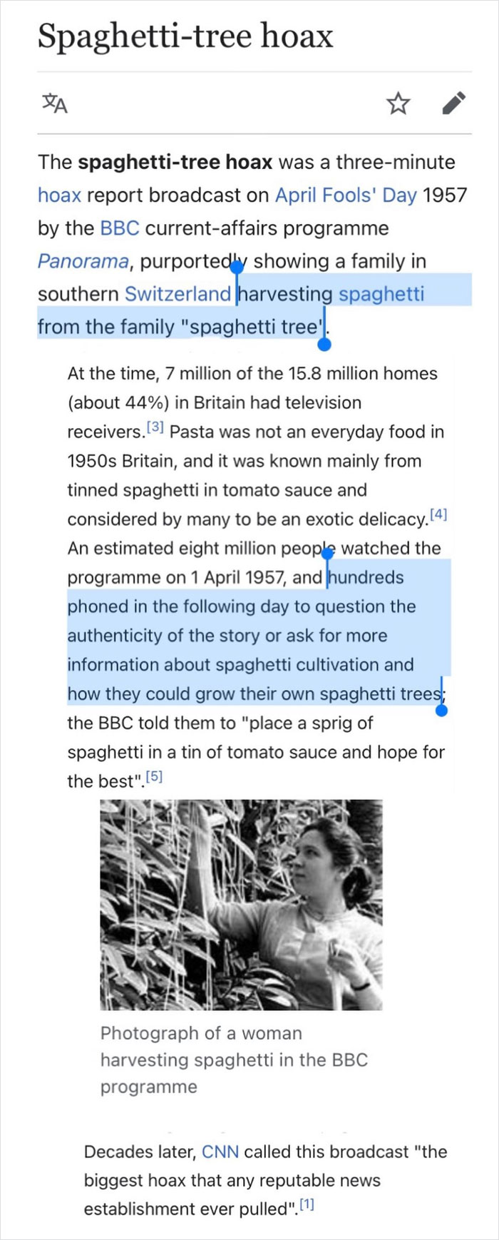 depths of wikipedia - spaghetti tree hoax