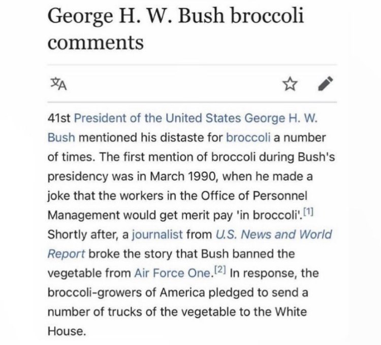 depths of wikipedia - George h w bush broccoli comments
