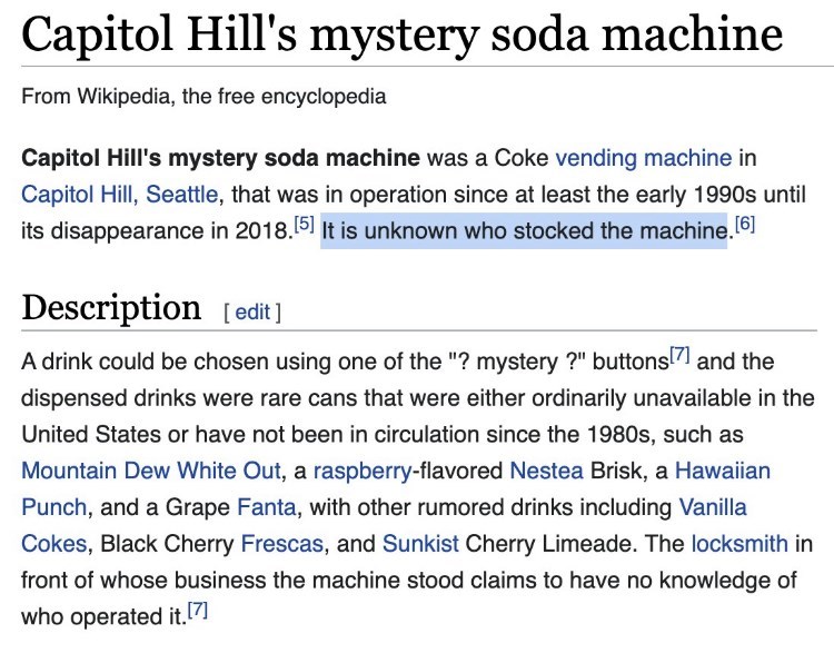 depths of wikipedia - capitol hill's mystery soda machine