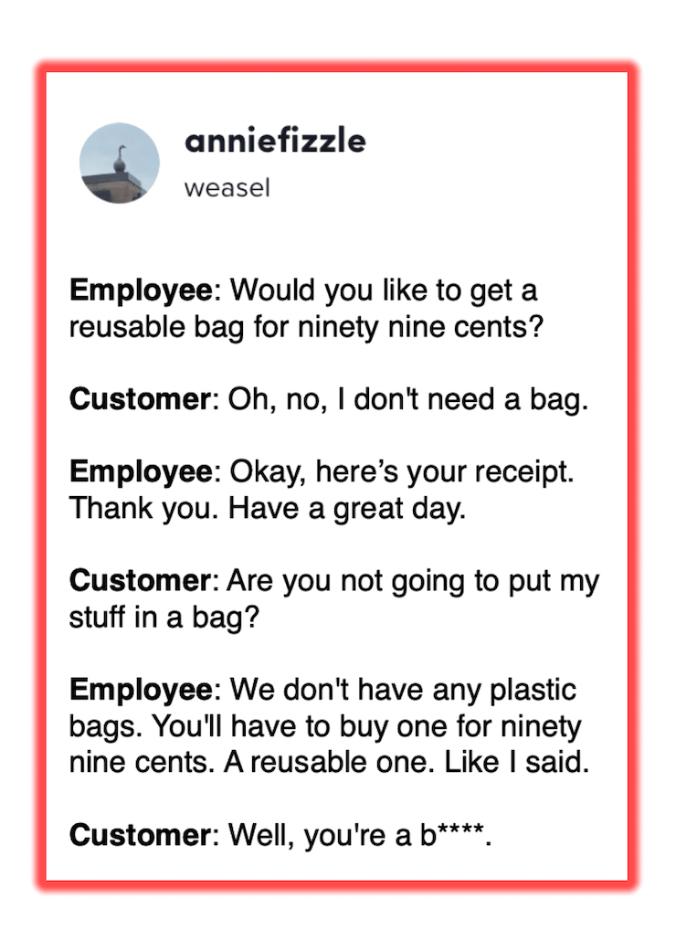 thrift store manager dumb customer - reusable bag