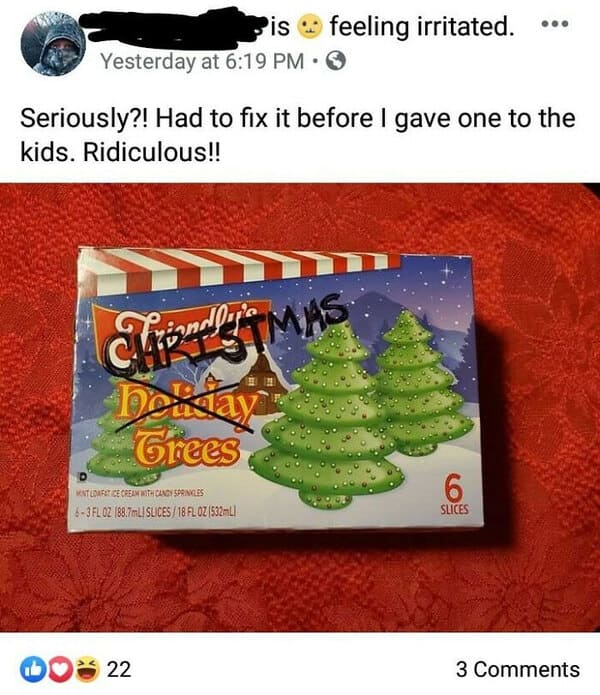 cringe-worthy parent - changed holiday trees to christmas tree
