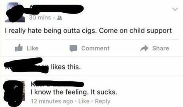 cringe-worthy parent - using child support to buy cigs