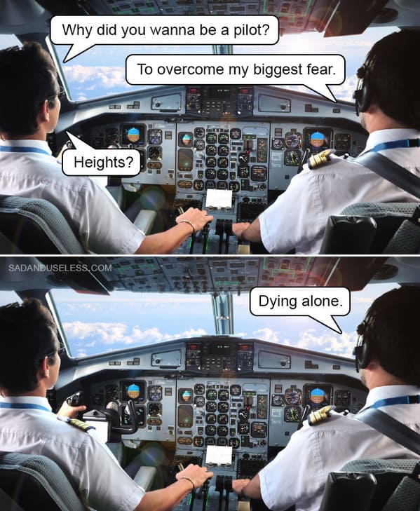 dark humor memes - pilots biggest fear heights dying alone