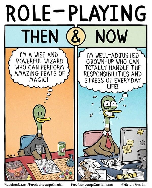 dark humor memes - role playing then and now comic