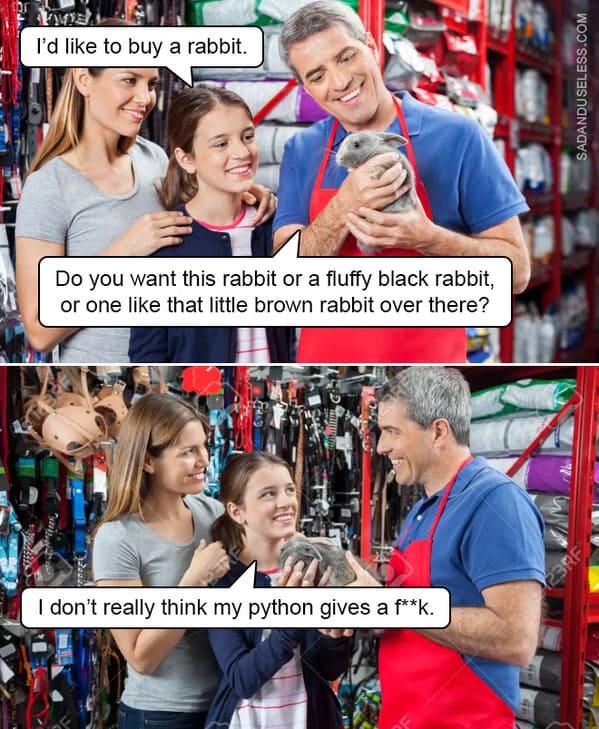 dark humor memes - guy feeding rabbit to python snake
