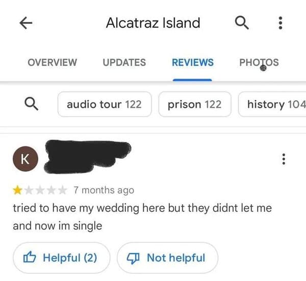 funny review - alcatraz wedding review