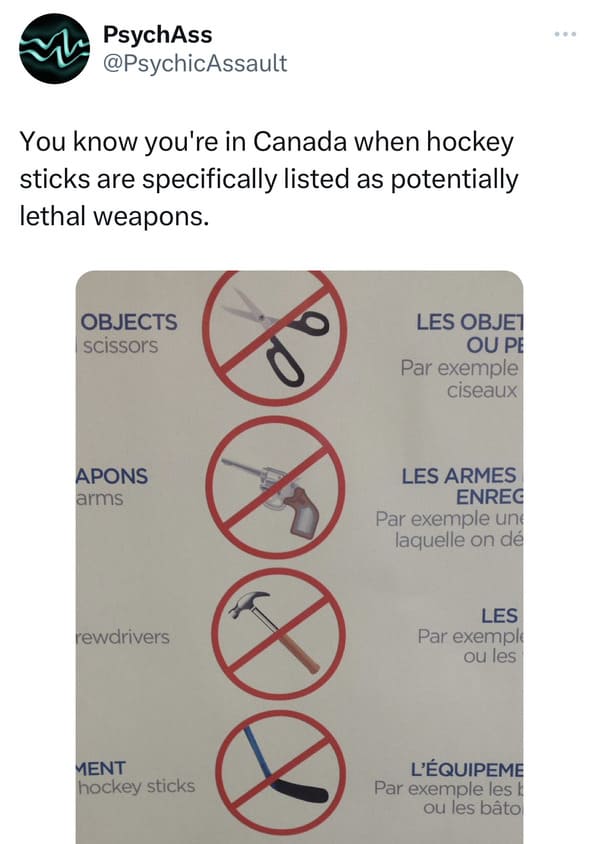 funny canadian tweets - hockey sticks lethal weapon