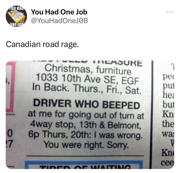 funny canadian tweets - canadian road rage