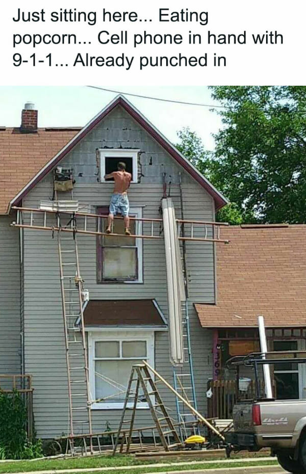 funny fail pic - idiot on a ladder