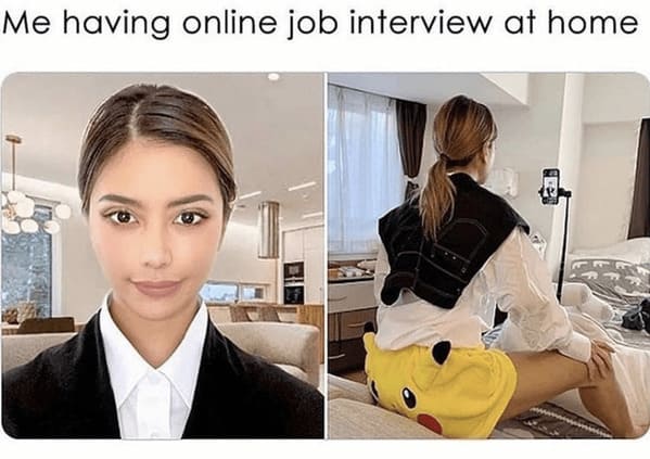 job interview memes - job interview at home girl sitting on Pikachu