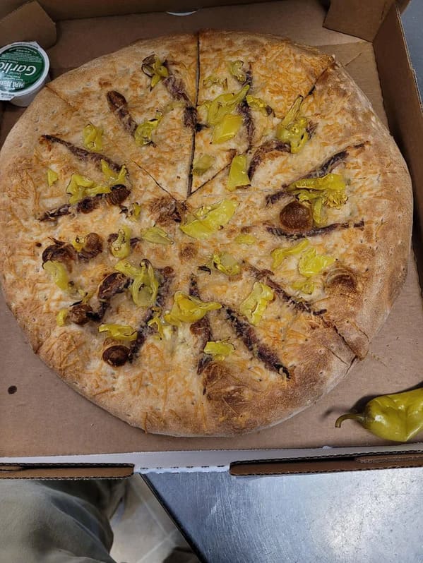 pizza crimes - anchovies and banana pepper pizza no sauce