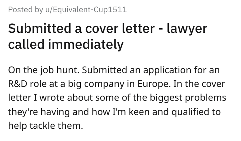 lawyers call about applicants cover letter - submitted a cover letter - lawyer called immediately 