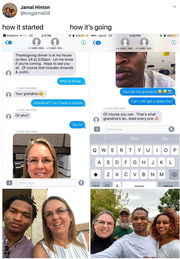 wholesome how it started vs how it's going memes - Wrong Number Text Spends Every Thanksgiving Together