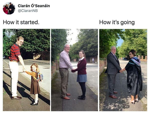 wholesome how it started vs how it's going memes - father and daughter together at graduations