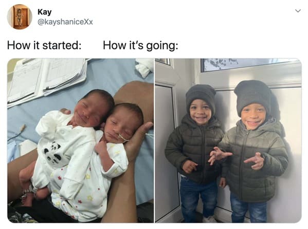 wholesome how it started vs how it's going memes - twin boys grown up