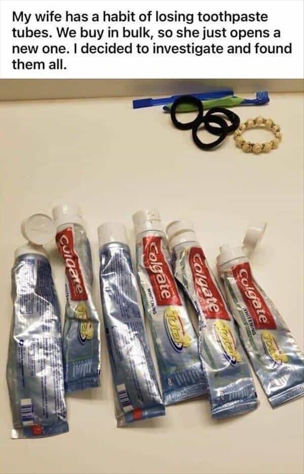 married couple fail - toothpaste horder