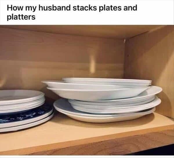 married couple fail - husband stacks dishes wrong