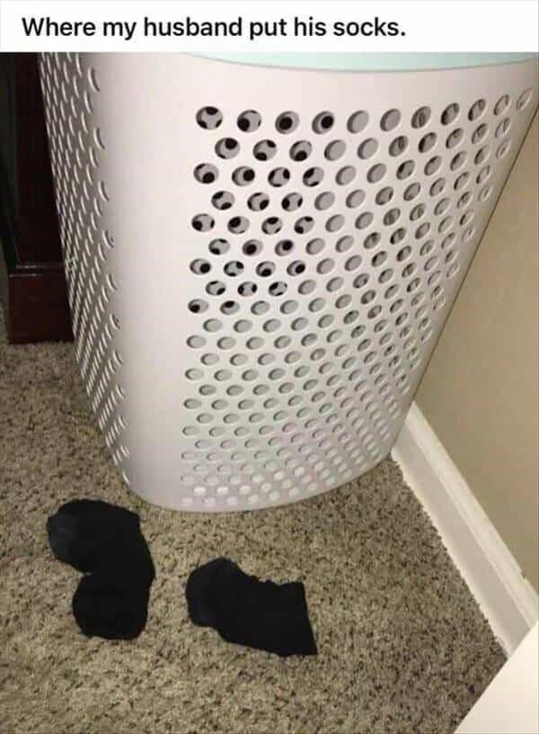 married couple fail - doesn't put socks in hamper