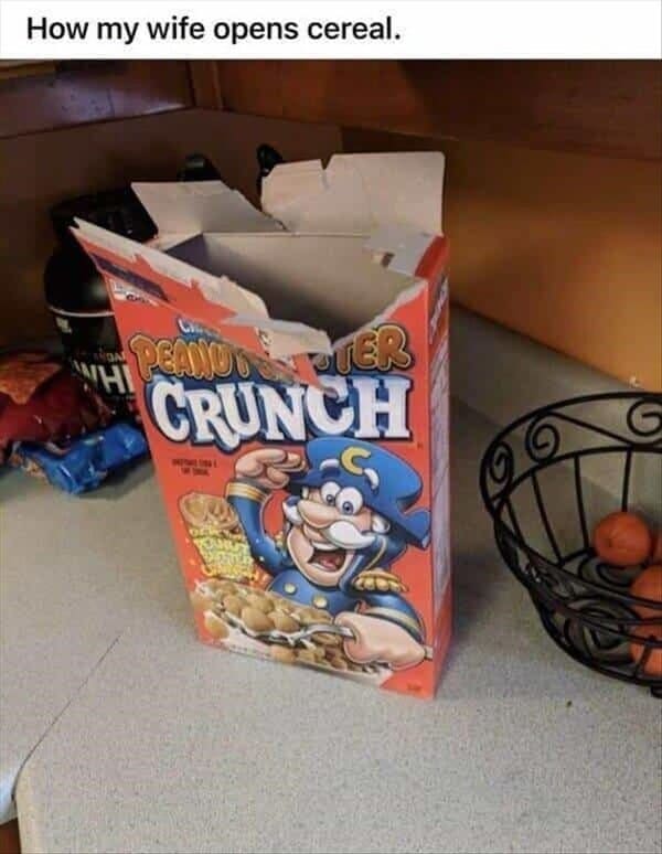 married couple fail - open cereal box like a serial killer