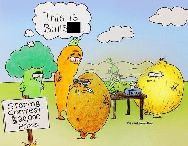 funny inappropriate comics - fruit gone bad - staring contest against onion