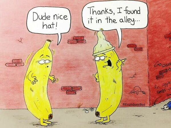 funny inappropriate comics - fruit gone bad - banana foud hat in alley