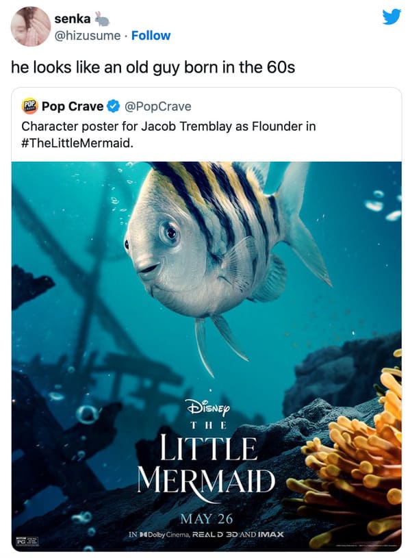 live action little mermaid flounder - looks like old guy born in the 60s