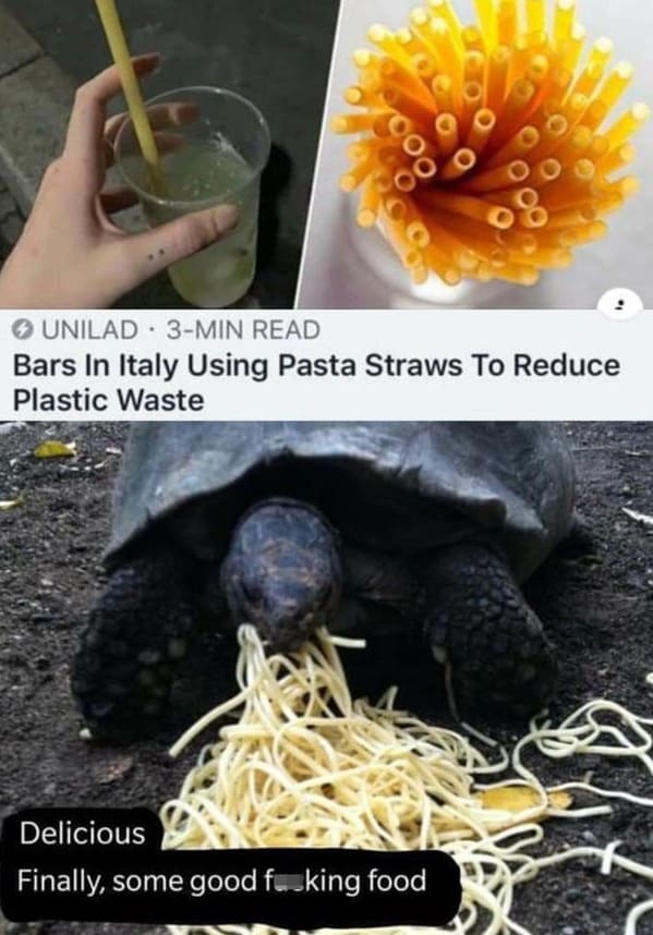 earth day memes - bars in Italy using pasta straws to reduce plastic waste