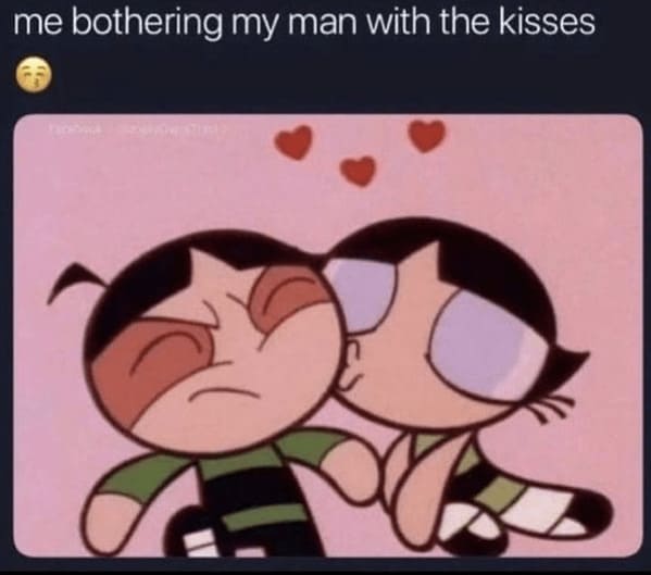 wholesome relationship memes - person bothering my man with kisses entres