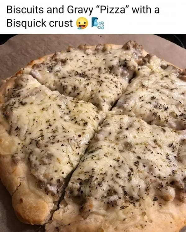 pizza crimes - biscuits and gravy pizza with a Bisquick crust