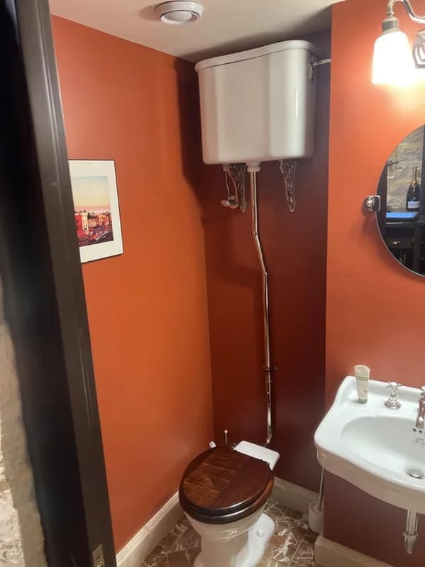 plumbing fails - toilet tank hanging from ceiling