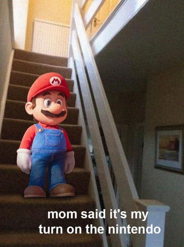 super mario movie memes - mario standing on stairs