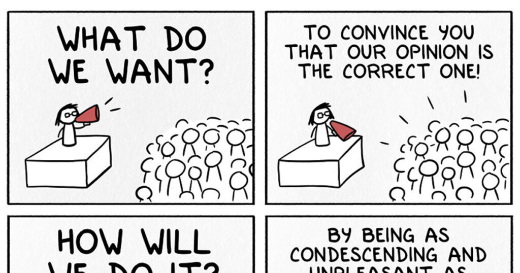 twist ending comics rusty epstein - person yelling into megaphone at crowd
