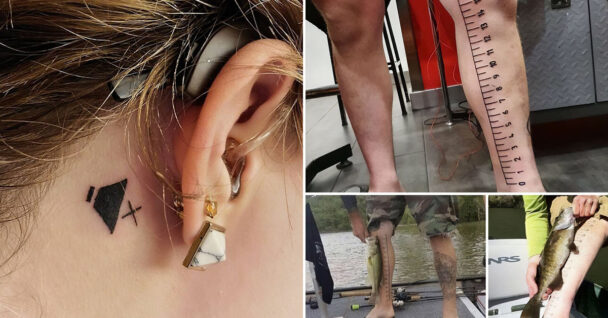 cool first tattoo ideas - mute symbol behind ear - measuring tape down the leg