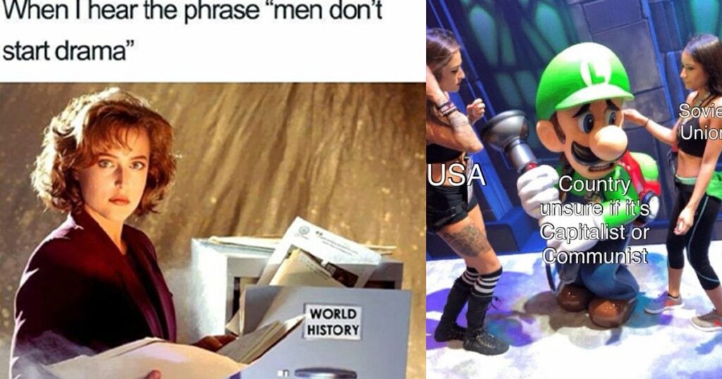 history memes funny - world history men don't start drama - scared luigi