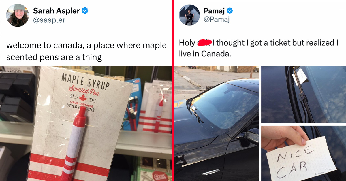 funny canadian tweets - maple syrup scented pens - not on car said nice car