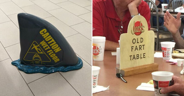 funny signs reddit - shark fin wet floor sign - old fart sign jacks