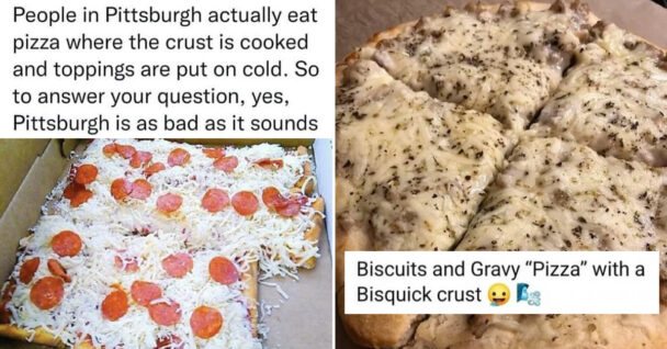 pizza crimes - Pittsburgh style pizza cold toppings - biscuits and gravy pizza with a bisquick crust
