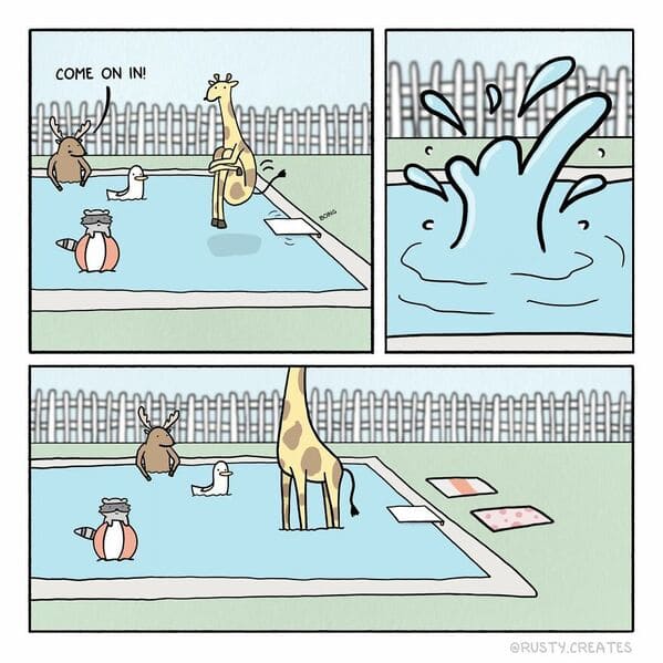 twist ending comics rusty epstein - giraffe jumping off a diving board