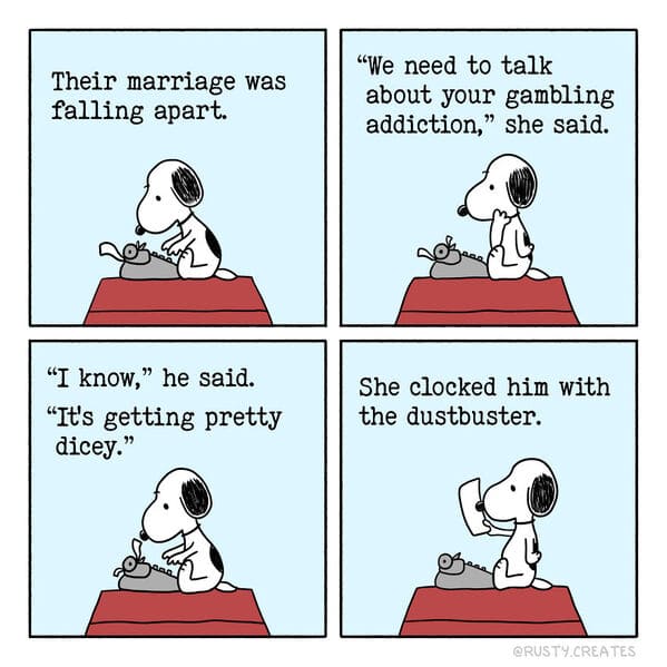 twist ending comics rusty epstein - snoopy writing on doghouse