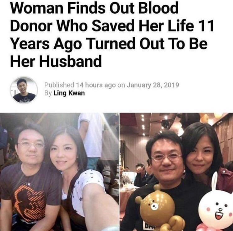 wholesome meme - blood donor husband saves wife