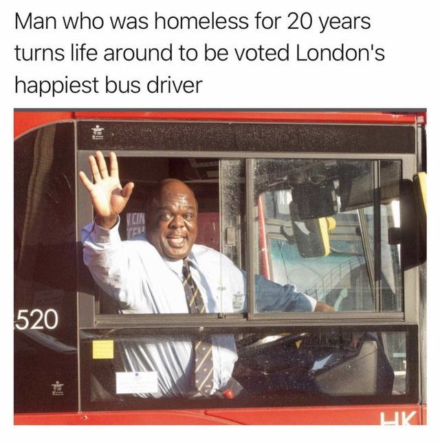 wholesome meme - homeless man becomes buss driver