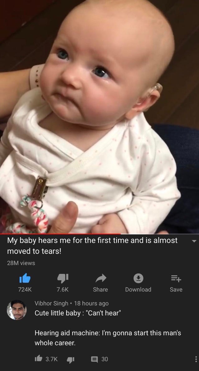 wholesome meme - baby brother hears for the first time