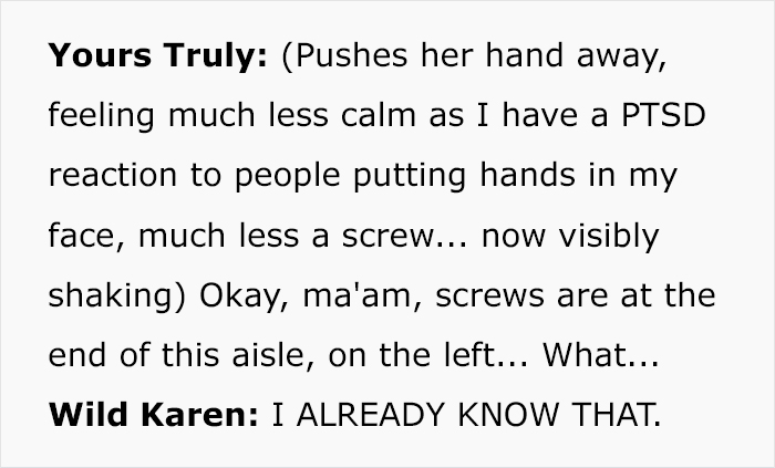 malicious compliance karen - pushes her hand away