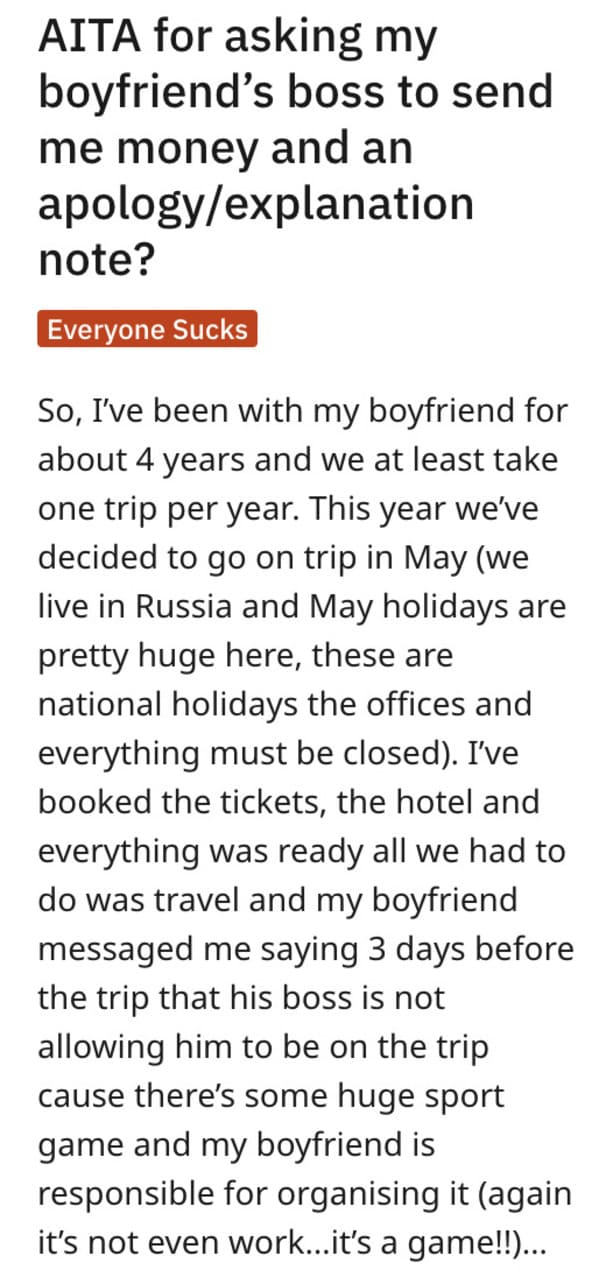 Boss Makes Woman's Boyfriend Cancel Pre-Planned Vacation, So She Demands Boss Reimburse Her For Trip - Jarastyle