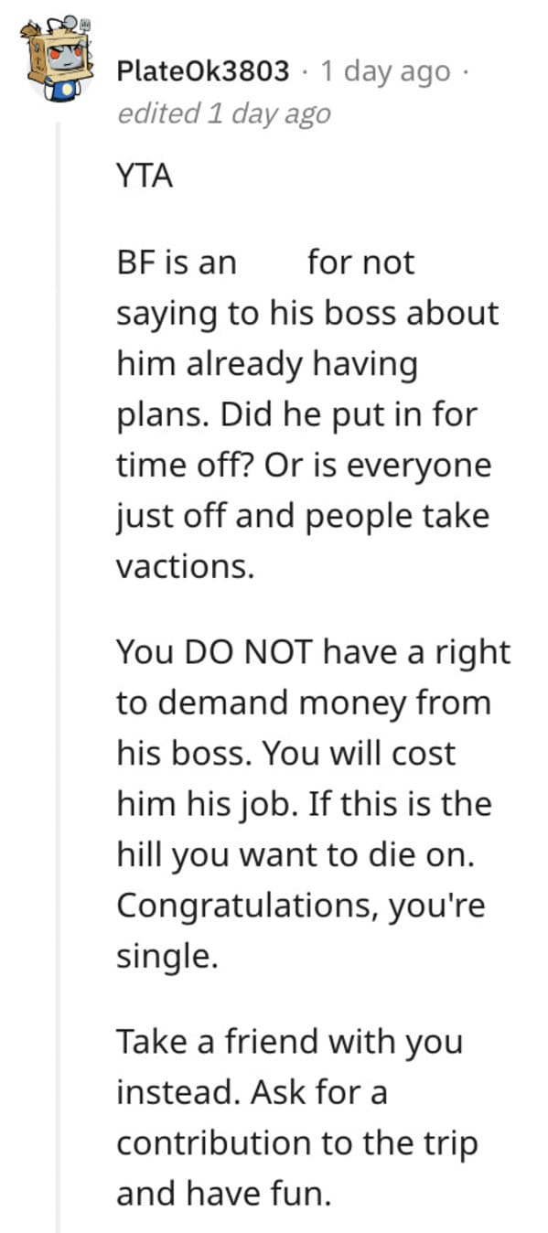 Boss Makes Woman's Boyfriend Cancel Pre-Planned Vacation, So She Demands Boss Reimburse Her For Trip - Jarastyle